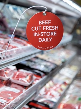 Beef cut fresh in-store daily shelf tag in meat case