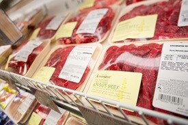 GreenWise beef packaged and displayed in meat case