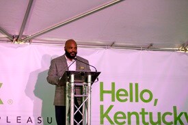 Dare to Care CEO and President Vincent James speaks about Publix's hunger alleviation efforts in Kentucky during the groundbreaking ceremony in Louisville.