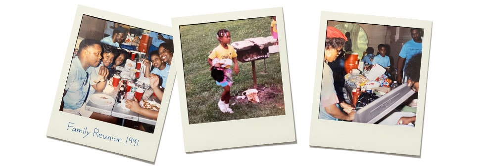 Three polaroid photos from a family reunion 